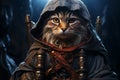 AI generated illustration of an adorable grey tabby cat wearing a black cape and hood