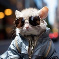 a cat in sunglasses with a jacket on and jacket with gold zipper