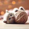AI generated illustration of an adorable kitten lying on the floor next to a ball of yarn