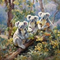 AI generated illustration of adorable koalas on a tree adorned with vibrant colorful flowers