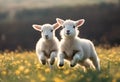 AI generated illustration of adorable lambs frolic on green grass under the warm sun Royalty Free Stock Photo