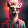 a llama wearing glasses and a blue shirt with its hair blowing