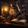 a cat sitting at a table with an open book next to it Royalty Free Stock Photo