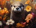 AI generated illustration of an adorable otter in a bed of flowers in watercolor