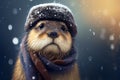 AI generated illustration of an adorable otter wearing a winter hat and scarf