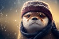 AI generated illustration of an adorable otter wearing a winter hat and scarf