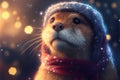 AI generated illustration of an adorable otter wearing a winter hat and scarf