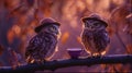 AI generated illustration of adorable owls wearing stylish hats and sipping from cups