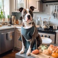 AI-generated illustration of an adorable Pitbull dog in an apron standing in a kitchen.