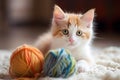 AI generated illustration of an adorable playful kitten playing with a colorful ball