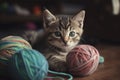 AI generated illustration of an adorable playful kitten playing with a colorful ball