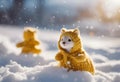 AI generated illustration of adorable plush toys, a bear and a rabbit in a picturesque winter