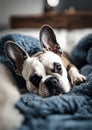 AI generated illustration of an adorable puppy snuggling up on a comfy blue blanket Royalty Free Stock Photo