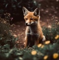 AI generated illustration of an adorable red fox against a lush green background of a flowering bush