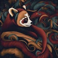 AI generated illustration of an adorable red panda among foliage, looking with its expressive eyes