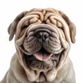 AI generated illustration of an adorable Shar Pei dog smiling on the white background