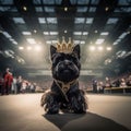 AI generated illustration of an adorable small dog wearing a golden crown