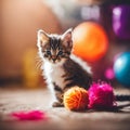 AI generated illustration of an adorable small kitten beside a multitude of colorful yarn balls Royalty Free Stock Photo