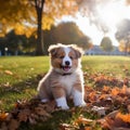 AI generated illustration of an adorable small puppy sitting amongst autumn leaves