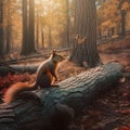 AI generated illustration of an adorable squirrel perched atop a log in a forest