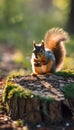 AI-generated illustration of an adorable squirrel perched on a tree stump, happily nibbling on nuts Royalty Free Stock Photo