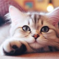 a cat laying on the ground looking at the camera lens