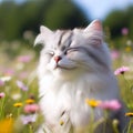 Adorable white cat is basking in the sunshine in a picturesque field of multicolored flowers