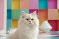 AI generated illustration of An adorable white cat perched atop a vibrant cube-patterned floor