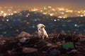 AI generated illustration of An adorable white puppy sitting amongst garbage in a city street