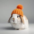 AI generated illustration of an adorable white rabbit with a stylish knitted hat perched on its head