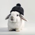 AI generated illustration of an adorable white rabbit with a stylish knitted hat perched on its head Royalty Free Stock Photo