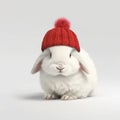 AI generated illustration of an adorable white rabbit with a stylish knitted hat perched on its head