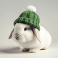 AI generated illustration of an adorable white rabbit with a stylish knitted hat perched on its head