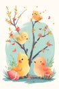 AI generated illustration of adorable yellow chicks perched on a blooming tree