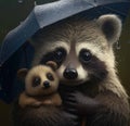 AI generated illustration of an adorable young bear and raccoon huddled together under an umbrella