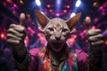 AI generated illustration of an adult cat with prominent ears gives a thumbs up in a nightclub