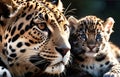 AI-generated illustration of an adult leopard with a cub