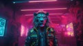 AI-generated illustration of An adult leopard standing in a vibrant neon-lit environment