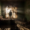 AI generated illustration of An adult male standing alone in a rustic room under the bright light