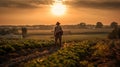 AI generated illustration of an adult male wearing a hat and standing in a rural grassy field