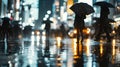 AI generated illustration of adults walking on a rainy street, with umbrellas