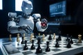 AI generated illustration of An advanced robotic figure is strategically playing a game of chess