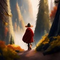 AI generated illustration of an adventurous wizard in a pointy hat and a cloak, walking down a path