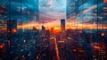 AI generated illustration of an aerial city skyline at sunset with glass building reflections Royalty Free Stock Photo