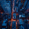 AI generated illustration of a nighttime cityscape view of illuminated skyscrapers from above