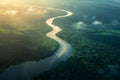 AI-generated illustration of an Aerial view of the Amazon river meandering into the distance