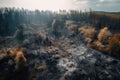 AI generated illustration of an aerial view of an area of scorched earth with dead, charred trees