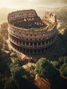 AI generated illustration of Aerial view of the Colosseum surrounded by lush dense forest