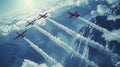AI-generated illustration of an aerial view of four red propeller planes flying in formation Royalty Free Stock Photo