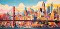 Painting of a view of city and golden gate bridge in front of colorful skyscrapers Royalty Free Stock Photo